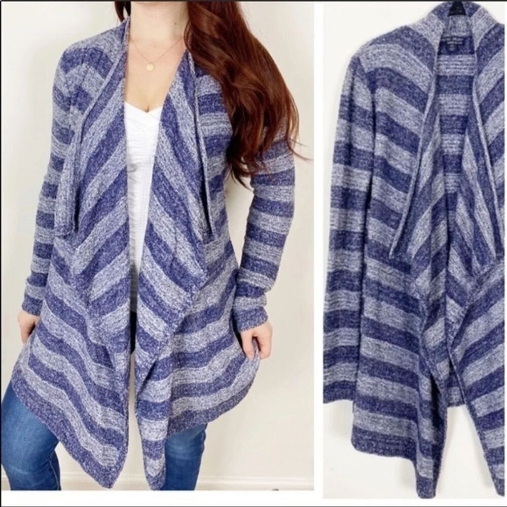 Barefoot Dreams Blue Striped Bamboo Chic Lite Waterfall Wrap Open Cardigan S/M